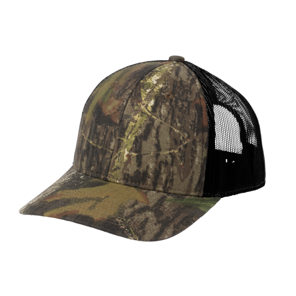 Russell Outdoors Camo Snapback Trucker Cap, Mossy Oak New Break Up / Deep Black, Left Side view