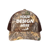 Russell Outdoors Camo Snapback Trucker Cap, Realtree Edge / Brown, Front view, Mockup