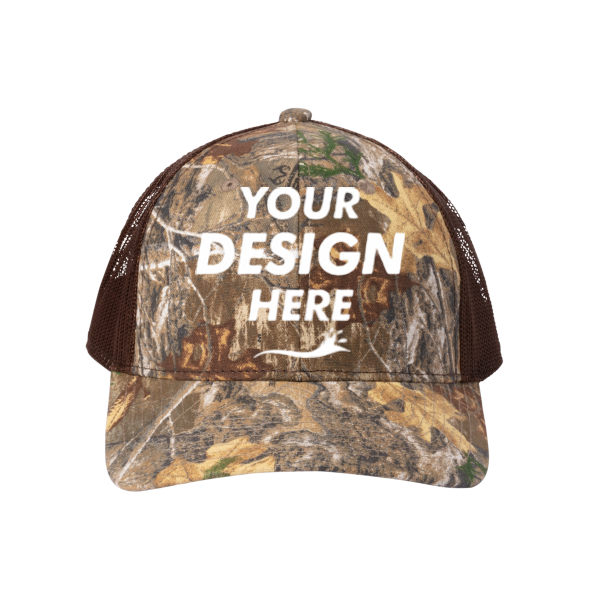 Russell Outdoors Camo Snapback Trucker Cap, Realtree Edge / Brown, Front view, Mockup