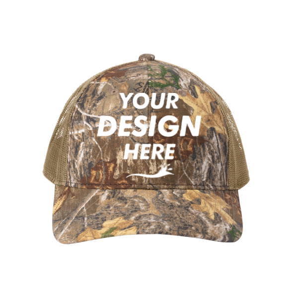 Russell Outdoors Camo Snapback Trucker Cap, Realtree Edge / Coyote Brown, Front view, Mockup