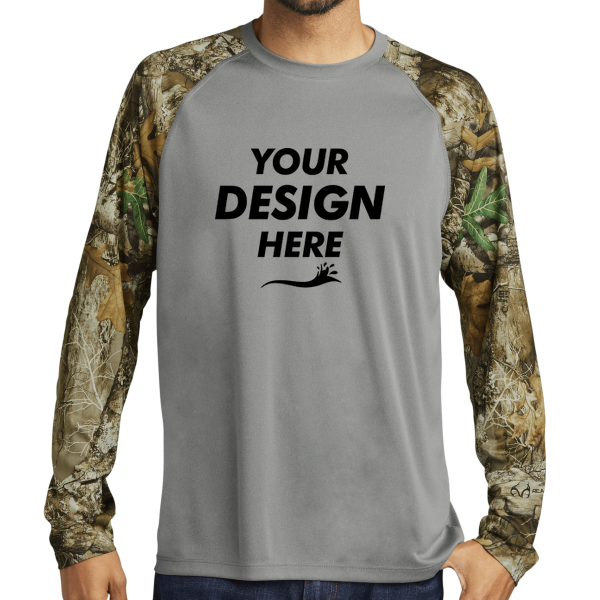Russell Outdoors Realtree ® Colorblock Performance Long Sleeve Tee, Grey Concrete Heather / Realtree Edge, Front view, Mockup