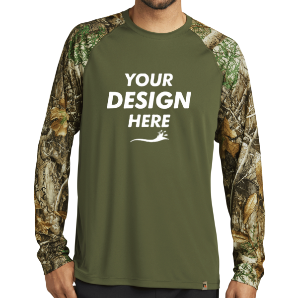Russell Outdoors Realtree ® Colorblock Performance Long Sleeve Tee, Olive Drab Green / Realtree Edge, Front view, Mockup