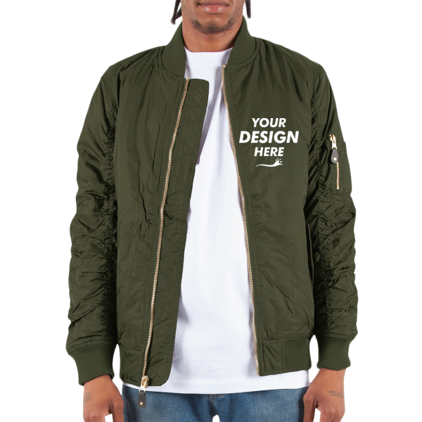 Shaka Wear Unisex Bomber Jacket, Olive, Front view, Mockup