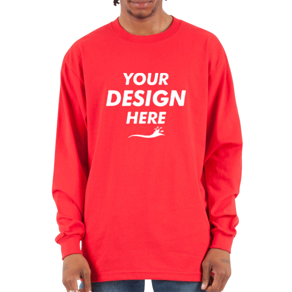 Shaka Wear Unisex Max Heavyweight Long Sleeve T-Shirt, Red, Front view, Mockup