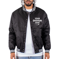 Shaka Wear Unisex Varsity Bomber Jacket, Black, Front view, Mockup
