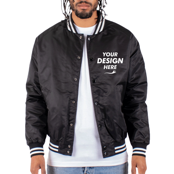 Shaka Wear Unisex Varsity Bomber Jacket, Black, Front view, Mockup