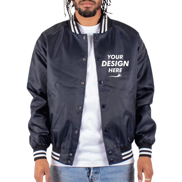Shaka Wear Unisex Varsity Bomber Jacket, Navy, Front view, Mockup