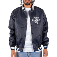Shaka Wear Unisex Varsity Bomber Jacket, Navy, Front view, Mockup