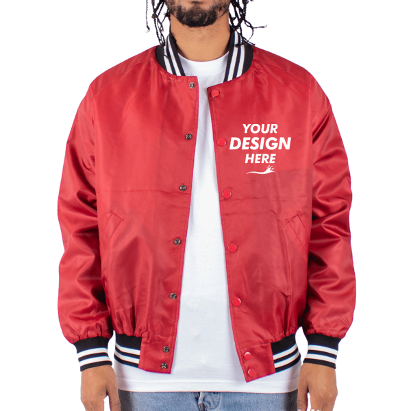 Shaka Wear Unisex Varsity Bomber Jacket, Red, Front view, Mockup