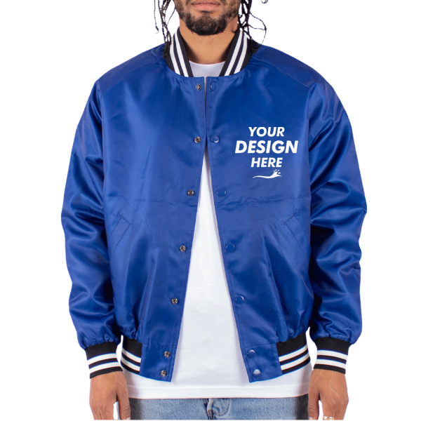 Shaka Wear Unisex Varsity Bomber Jacket, Royal, Front view, Mockup