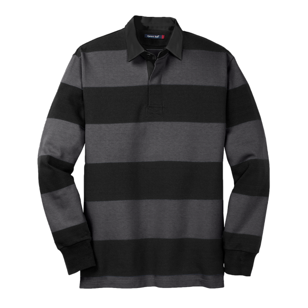 Sport Tek Classic Long Sleeve Rugby Polo, Black / Graphite, Front view