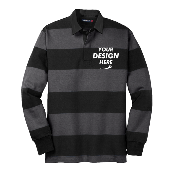 Sport Tek Classic Long Sleeve Rugby Polo, Black / Graphite, Front view, Mockup
