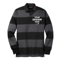Sport Tek Classic Long Sleeve Rugby Polo, Black / Graphite, Front view, Mockup