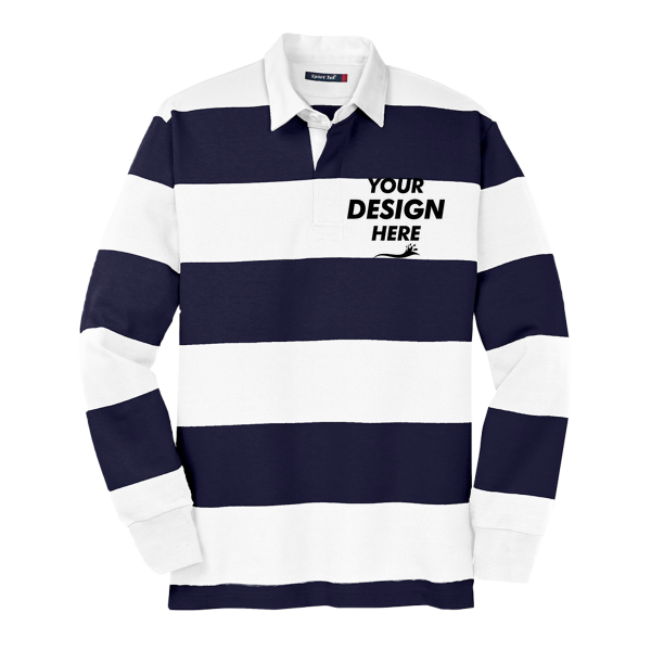 Sport Tek Classic Long Sleeve Rugby Polo, True Navy / White, Front view, Mockup