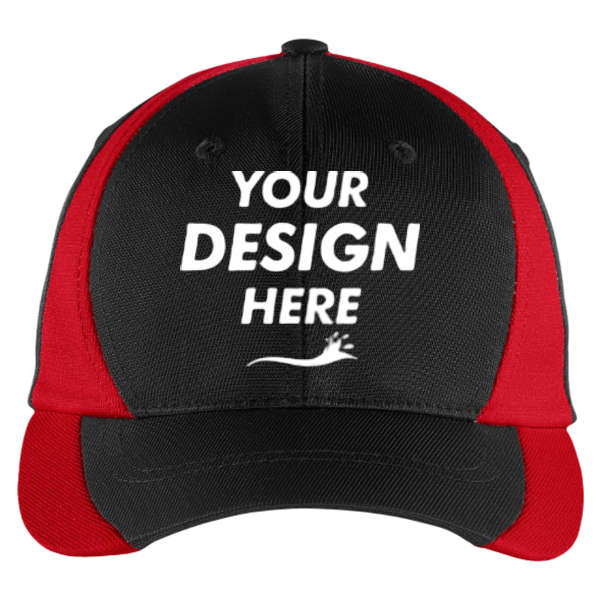 Sport Tek Dry Zone ® Nylon Colorblock Cap, Black / True Red, Front view, Mockup