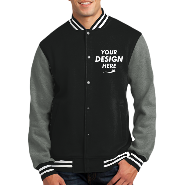 Sport Tek Fleece Letterman Jacket, Black / Vintage Heather, Front view, Mockup