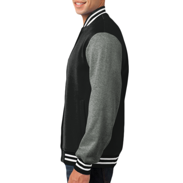 Sport Tek Fleece Letterman Jacket, Black / Vintage Heather, Left Sleeve (Long) view