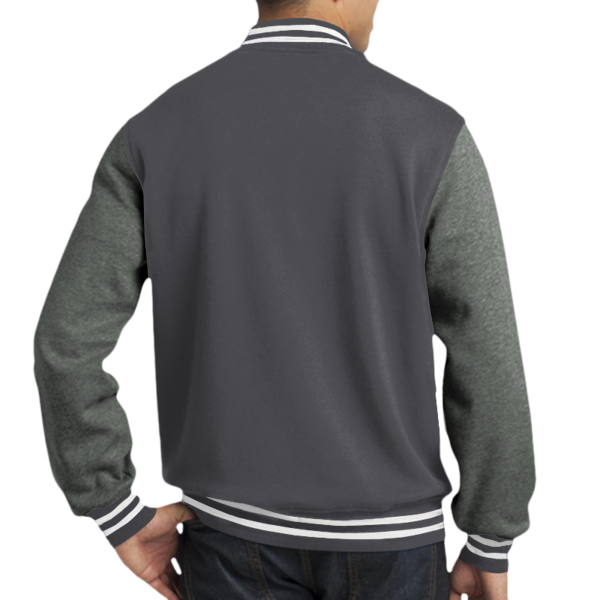 Sport Tek Fleece Letterman Jacket, Graphite Heather / Vintage Heather, Back view