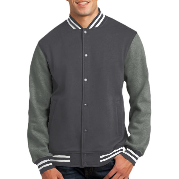 Sport Tek Fleece Letterman Jacket, Graphite Heather / Vintage Heather, Front view