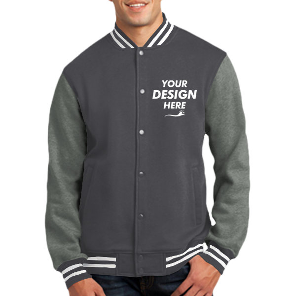 Sport Tek Fleece Letterman Jacket, Graphite Heather / Vintage Heather, Front view, Mockup