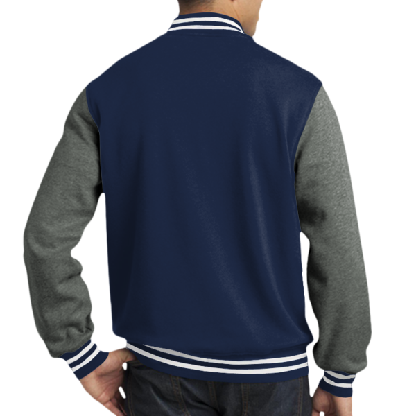 Sport Tek Fleece Letterman Jacket, True Navy / Vintage Heather, Back view