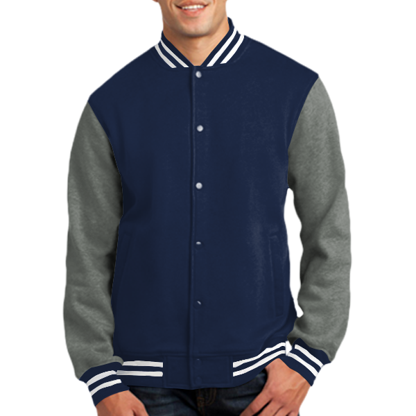 Sport Tek Fleece Letterman Jacket, True Navy / Vintage Heather, Front view