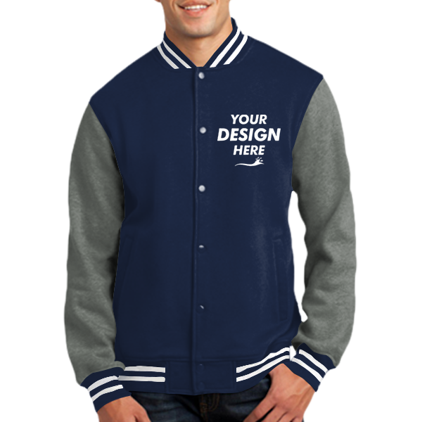 Sport Tek Fleece Letterman Jacket, True Navy / Vintage Heather, Front view, Mockup
