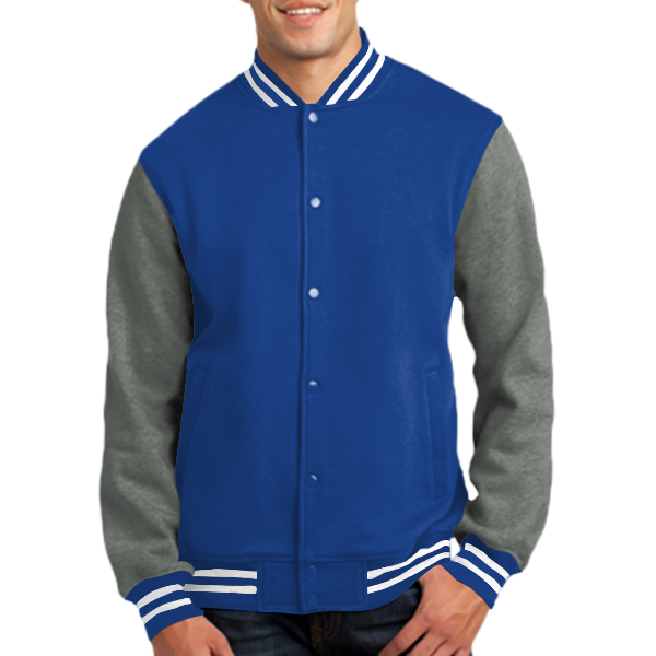 Sport Tek Fleece Letterman Jacket, True Royal / Vintage Heather, Front view