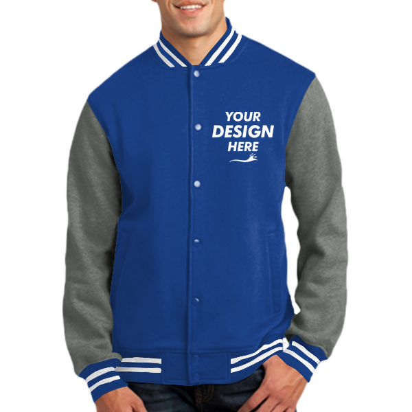 Sport Tek Fleece Letterman Jacket, True Royal / Vintage Heather, Front view, Mockup