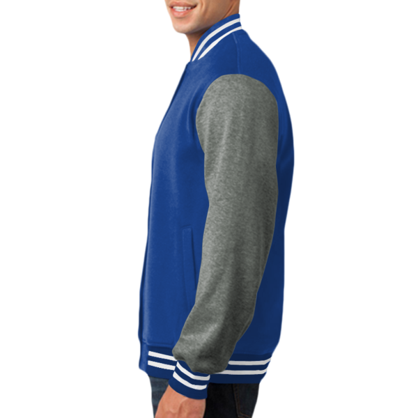 Sport Tek Fleece Letterman Jacket, True Royal / Vintage Heather, Left Sleeve (Long) view