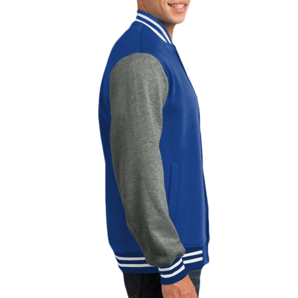 Sport Tek Fleece Letterman Jacket, True Royal / Vintage Heather, Right Sleeve (Long) view