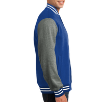 Sport Tek Fleece Letterman Jacket, True Royal / Vintage Heather, Right Sleeve (Long) view