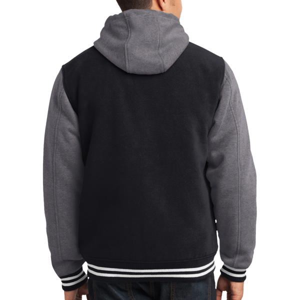 Sport Tek Insulated Letterman Jacket, Black / Vintage Heather, Back view