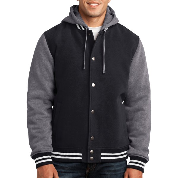Sport Tek Insulated Letterman Jacket, Black / Vintage Heather, Front view