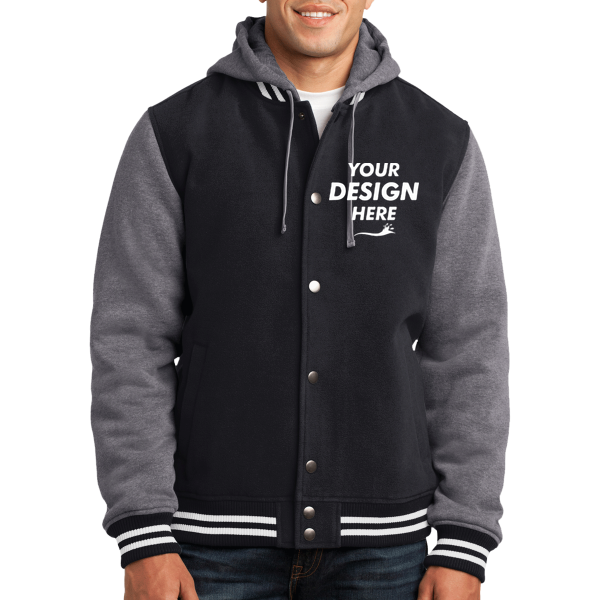 Sport Tek Insulated Letterman Jacket, Black / Vintage Heather, Front view, Mockup