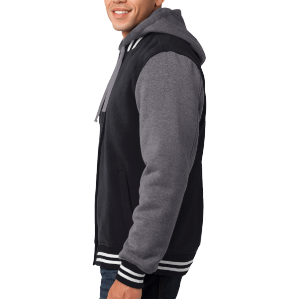 Sport Tek Insulated Letterman Jacket, Black / Vintage Heather, Left Sleeve view