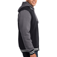 Sport Tek Insulated Letterman Jacket, Black / Vintage Heather, Right Sleeve view