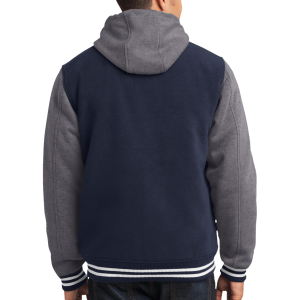 Sport Tek Insulated Letterman Jacket, True Navy / Vintage Heather, Back view