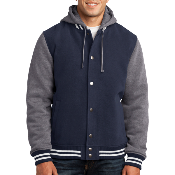 Sport Tek Insulated Letterman Jacket, True Navy / Vintage Heather, Front view