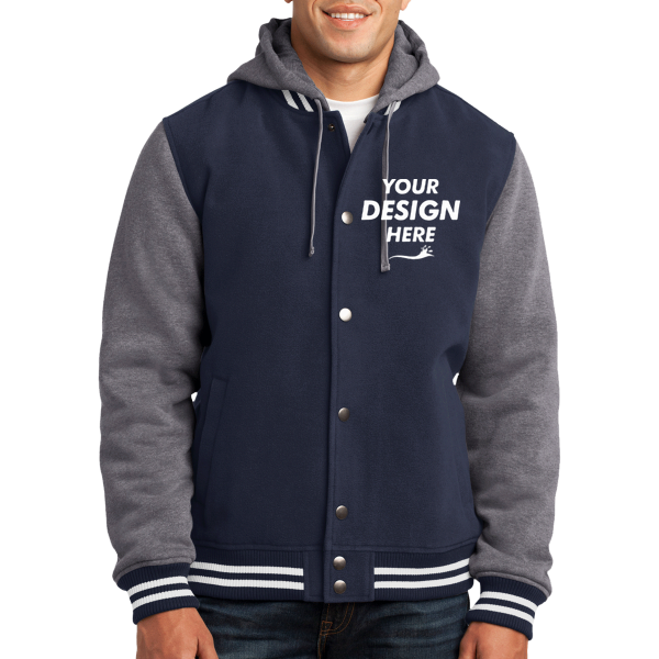 Sport Tek Insulated Letterman Jacket, True Navy / Vintage Heather, Front view, Mockup