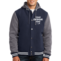 Sport Tek Insulated Letterman Jacket, True Navy / Vintage Heather, Front view, Mockup
