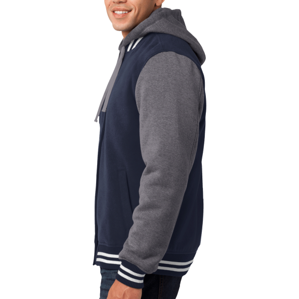 Sport Tek Insulated Letterman Jacket, True Navy / Vintage Heather, Left Sleeve view