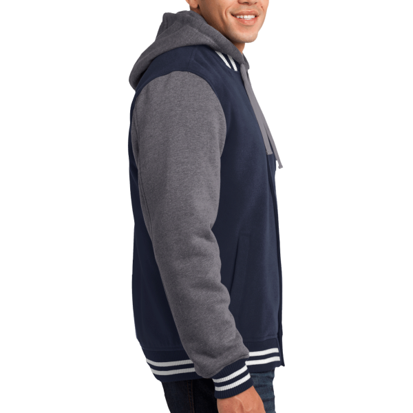 Sport Tek Insulated Letterman Jacket, True Navy / Vintage Heather, Right Sleeve view
