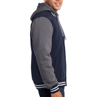 Sport Tek Insulated Letterman Jacket, True Navy / Vintage Heather, Right Sleeve view