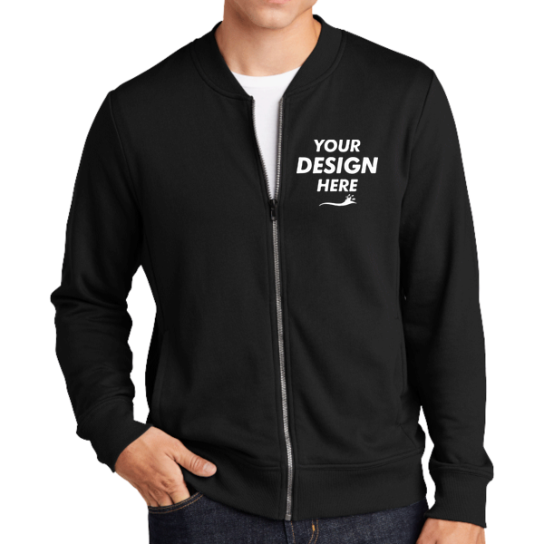 Sport Tek Lightweight French Terry Bomber, Black, Front view, Mockup