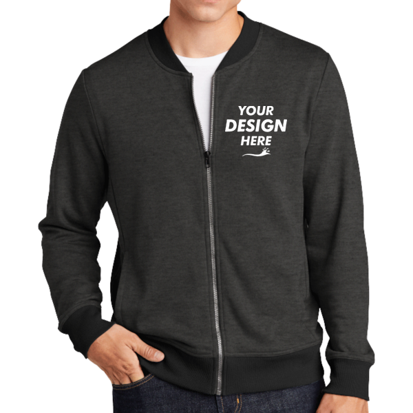 Sport Tek Lightweight French Terry Bomber, Heather Black, Front view, Mockup