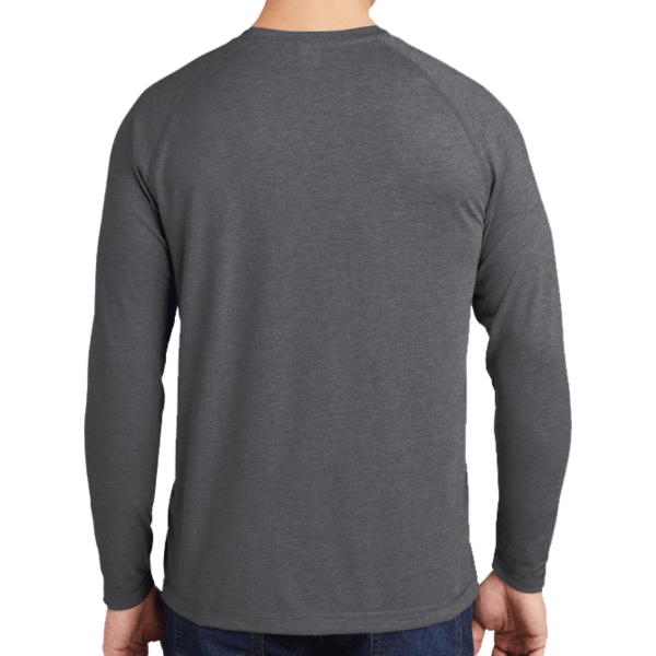 Sport Tek PosiCharge ® Long Sleeve Tri Blend Wicking Raglan Tee, Dark Grey Heather / Dark Grey Heather, Back view