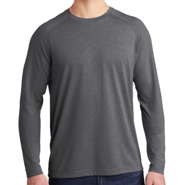 Sport Tek PosiCharge ® Long Sleeve Tri Blend Wicking Raglan Tee, Dark Grey Heather / Dark Grey Heather, Front view