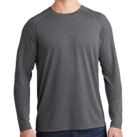 Sport Tek PosiCharge ® Long Sleeve Tri Blend Wicking Raglan Tee, Dark Grey Heather / Dark Grey Heather, Front view