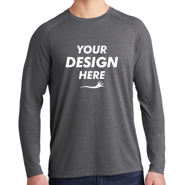 Sport Tek PosiCharge ® Long Sleeve Tri Blend Wicking Raglan Tee, Dark Grey Heather / Dark Grey Heather, Front view, Mockup